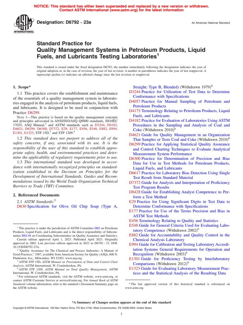 ASTM D6792-23a - Standard Practice for Quality Management Systems in Petroleum Products, Liquid Fuels,  and Lubricants Testing Laboratories