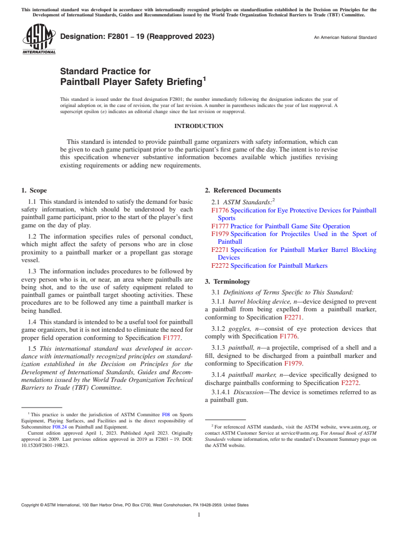 ASTM F2801-19(2023) - Standard Practice for  Paintball Player Safety Briefing