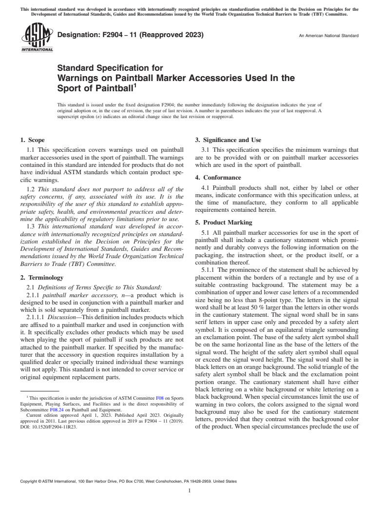 ASTM F2904-11(2023) - Standard Specification for  Warnings on Paintball Marker Accessories Used In the Sport  of Paintball