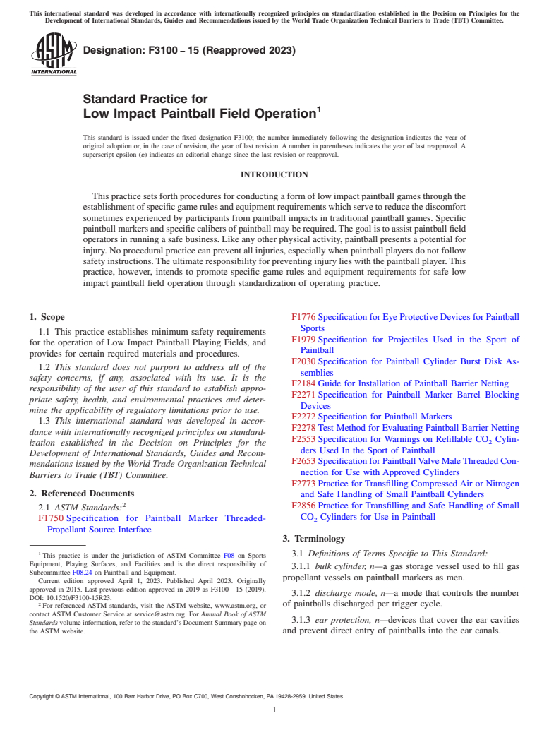 ASTM F3100-15(2023) - Standard Practice for Low Impact Paintball Field Operation