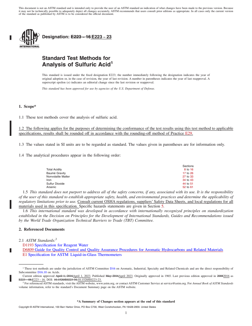 REDLINE ASTM E223-23 - Standard Test Methods for Analysis of Sulfuric Acid