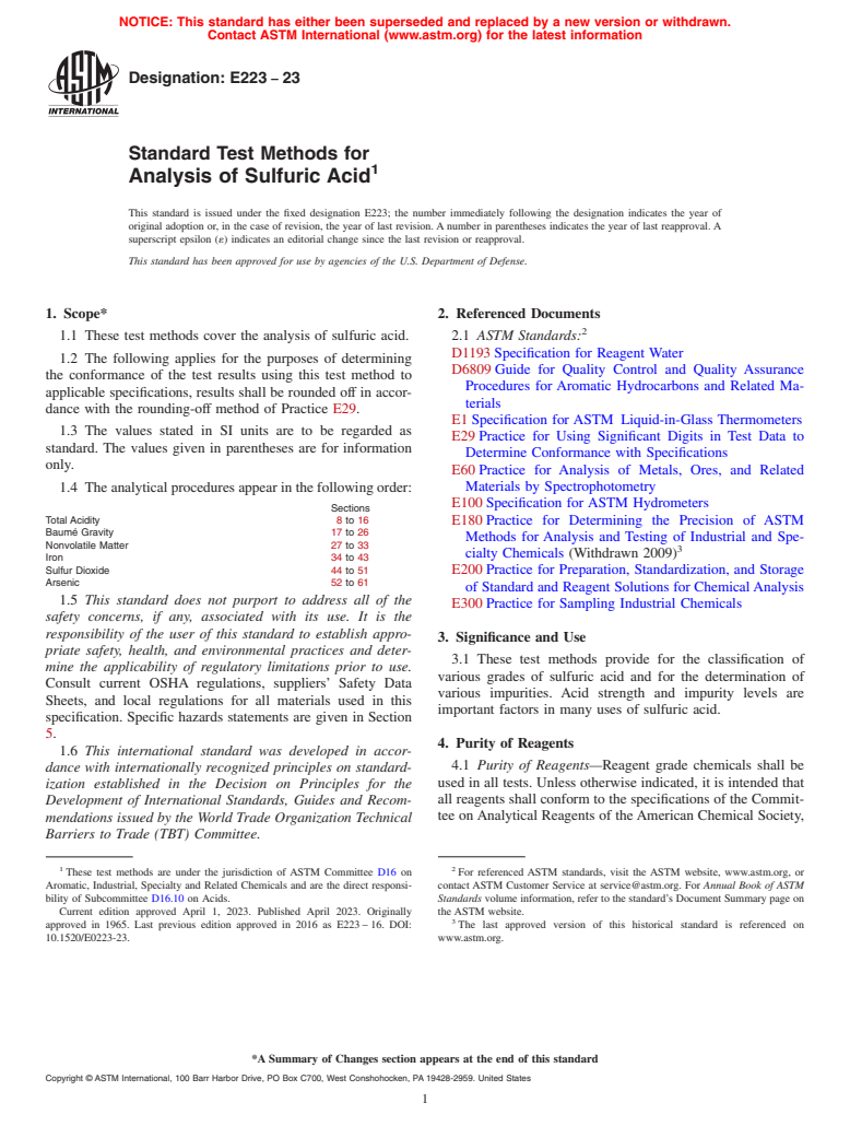 ASTM E223-23 - Standard Test Methods for Analysis of Sulfuric Acid