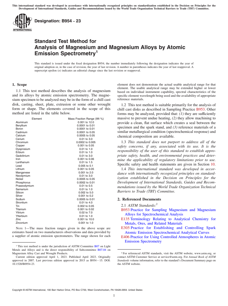 ASTM B954-23 - Standard Test Method for  Analysis of Magnesium and Magnesium Alloys by Atomic Emission  Spectrometry