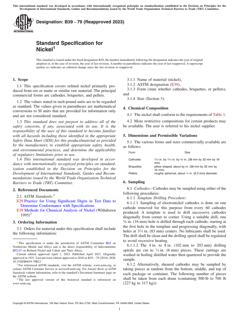 ASTM B39-79(2023) - Standard Specification for Nickel