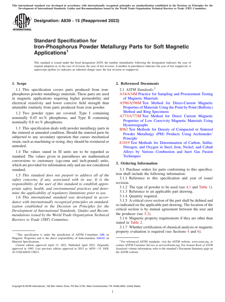 ASTM A839-15(2023) - Standard Specification for  Iron-Phosphorus Powder Metallurgy Parts for Soft Magnetic Applications