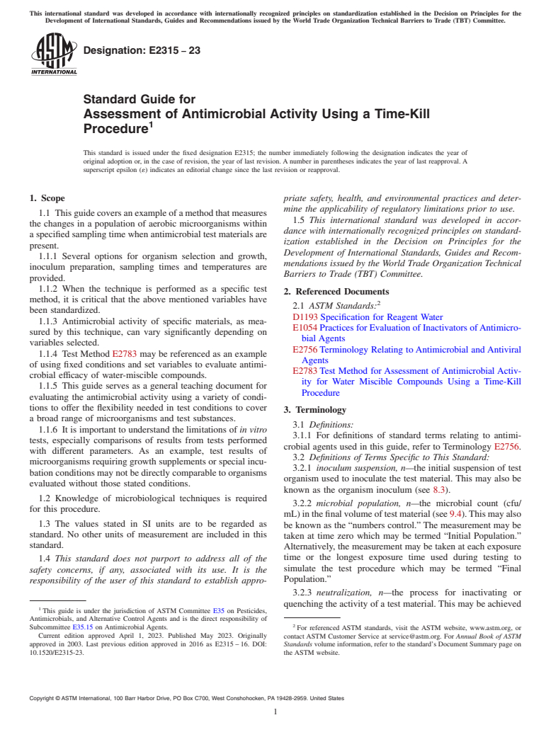 ASTM E2315-23 - Standard Guide for Assessment of Antimicrobial Activity Using a Time-Kill Procedure