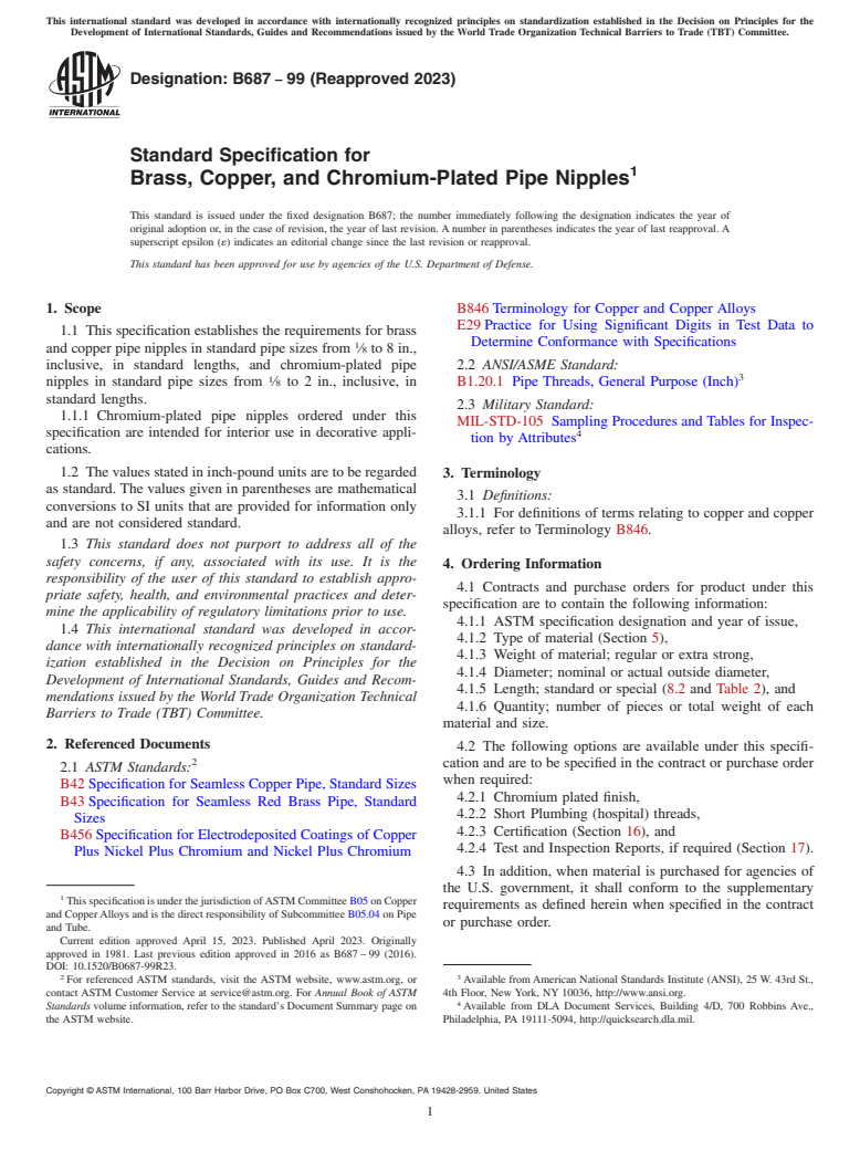 ASTM B687-99(2023) - Standard Specification for Brass, Copper, and Chromium-Plated Pipe Nipples