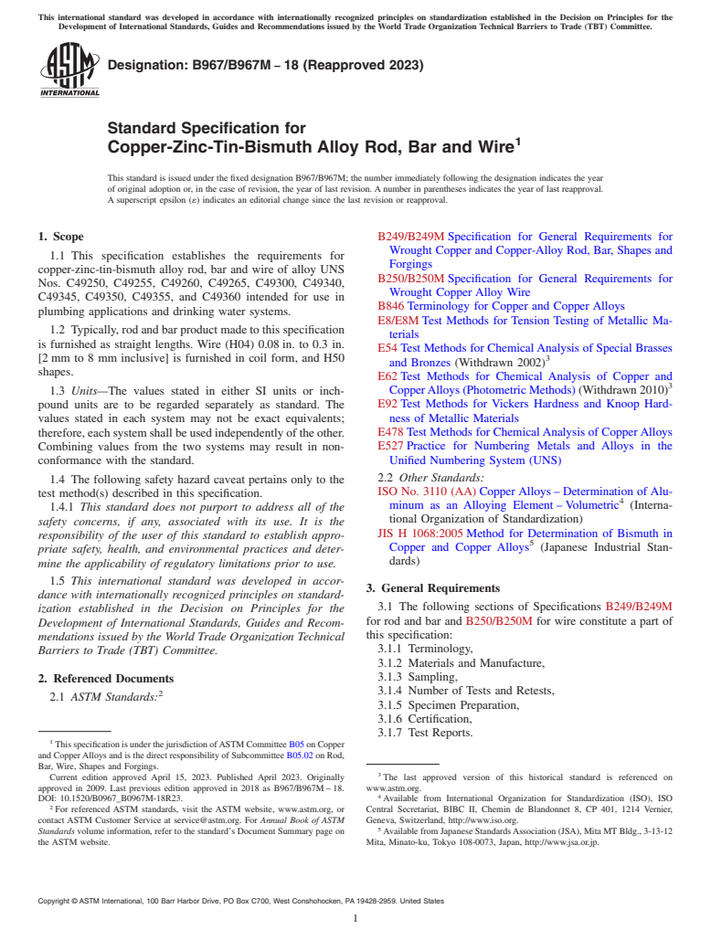 ASTM B967/B967M-18(2023) - Standard Specification for Copper-Zinc-Tin-Bismuth Alloy Rod, Bar and Wire