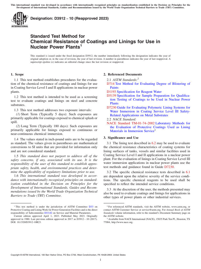 ASTM D3912-10(2023) - Standard Test Method for Chemical Resistance of Coatings and Linings for Use in Nuclear   Power Plants