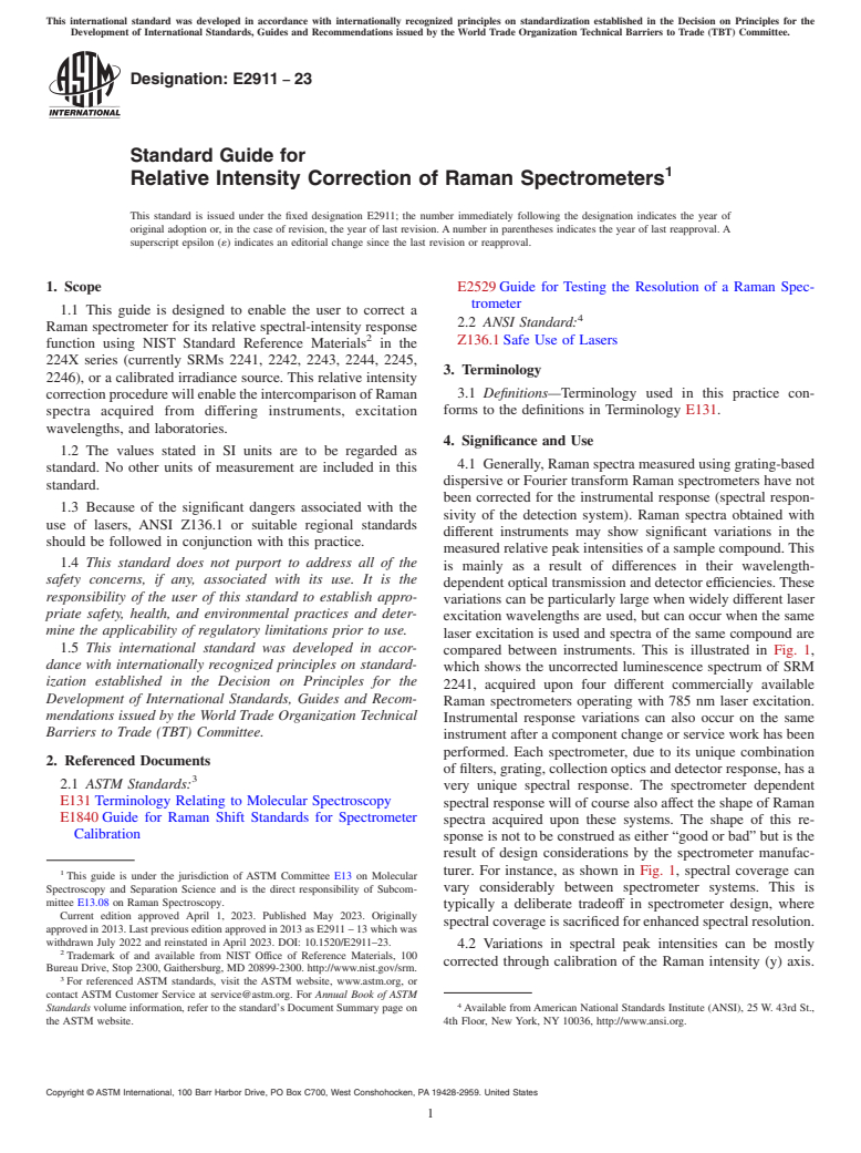 ASTM E2911-23 - Standard Guide for Relative Intensity Correction of Raman Spectrometers