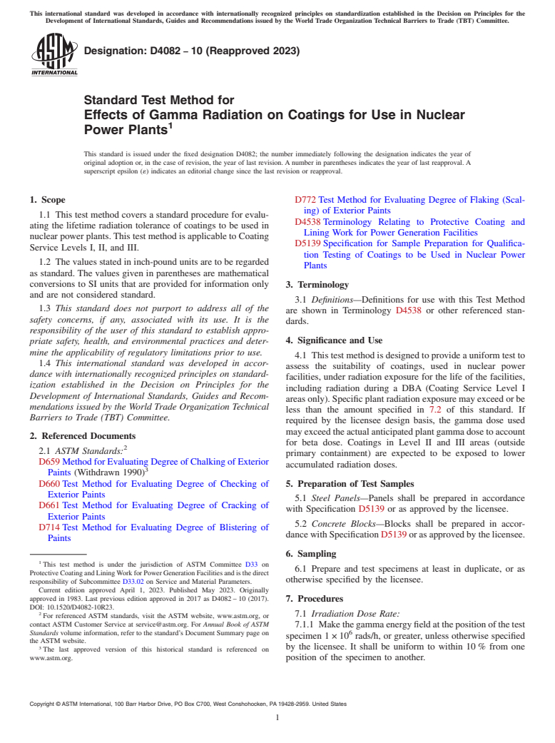 ASTM D4082-10(2023) - Standard Test Method for Effects of Gamma Radiation on Coatings for Use in Nuclear Power   Plants