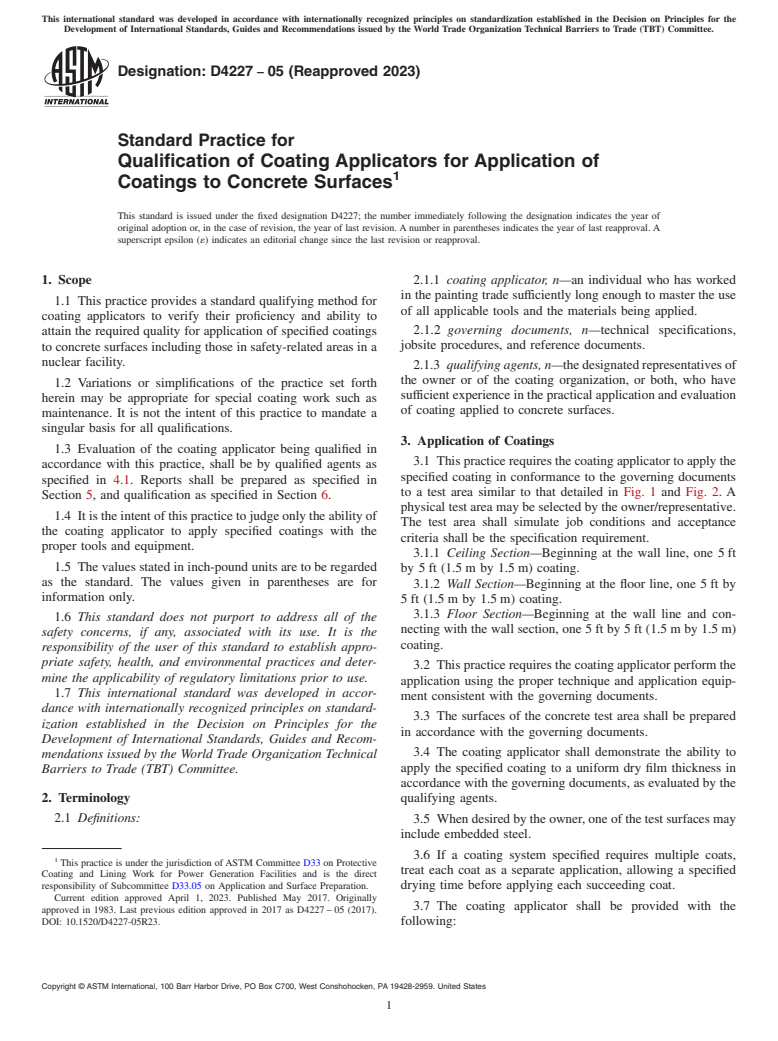 ASTM D4227-05(2023) - Standard Practice for Qualification of Coating Applicators for Application of Coatings  to   Concrete Surfaces