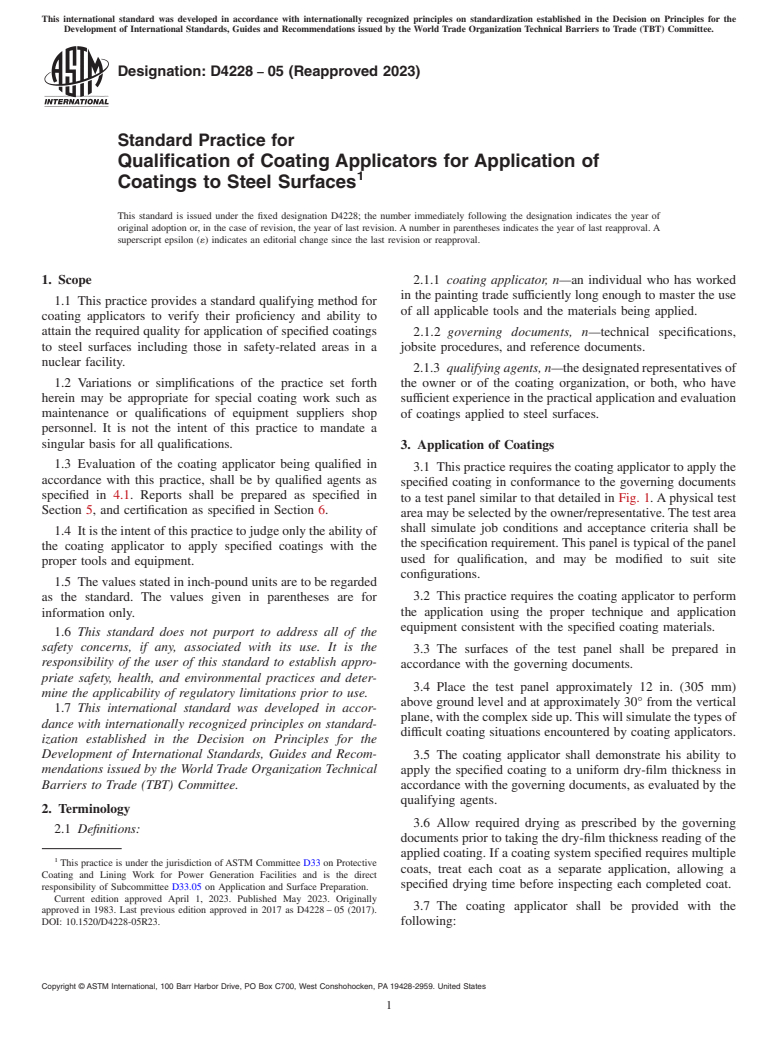 ASTM D4228-05(2023) - Standard Practice for Qualification of Coating Applicators for Application of Coatings  to   Steel Surfaces