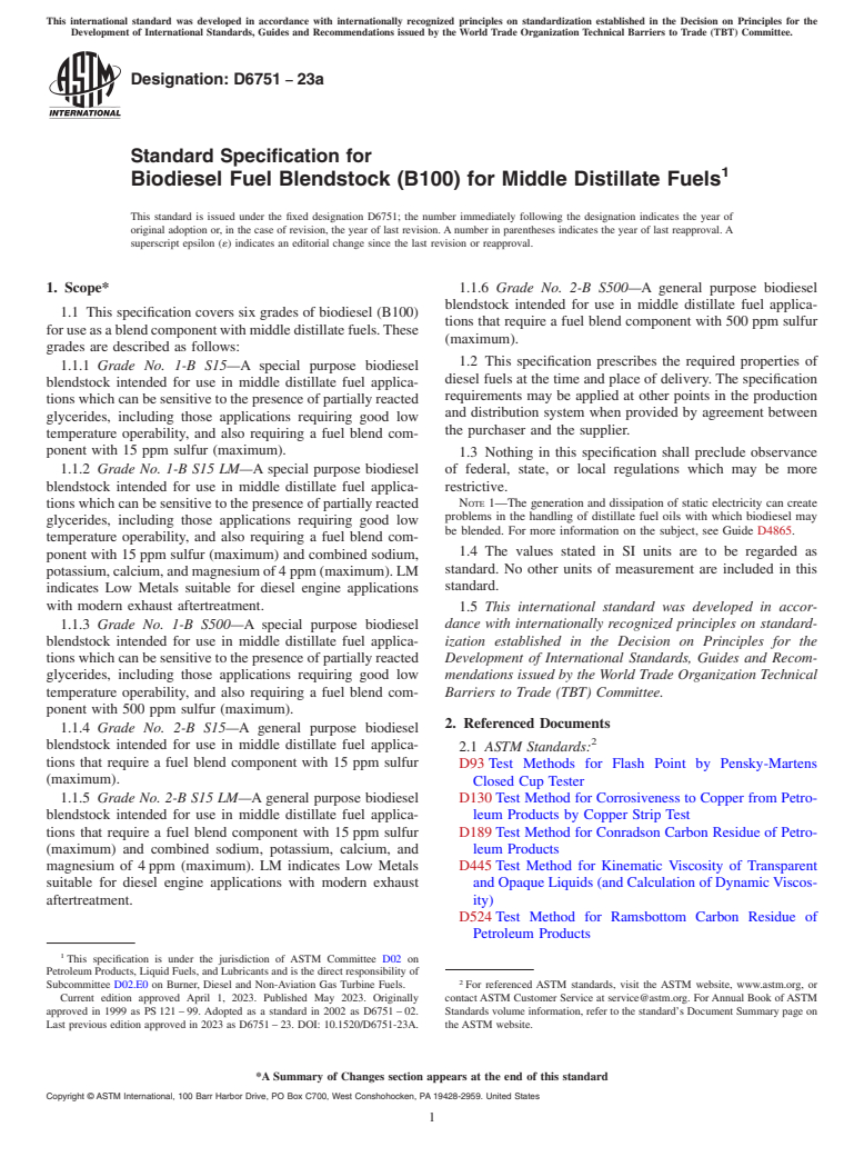 ASTM D6751-23a - Standard Specification for Biodiesel Fuel Blendstock (B100) for Middle Distillate Fuels