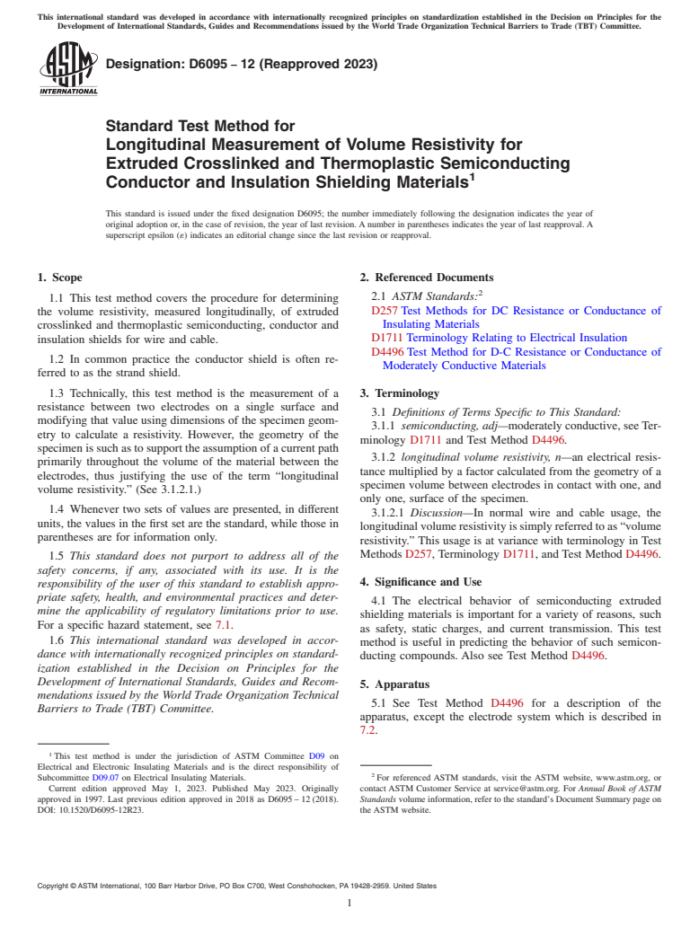 ASTM D6095-12(2023) - Standard Test Method for Longitudinal Measurement of Volume Resistivity for Extruded   Crosslinked and Thermoplastic Semiconducting Conductor and Insulation  Shielding Materials