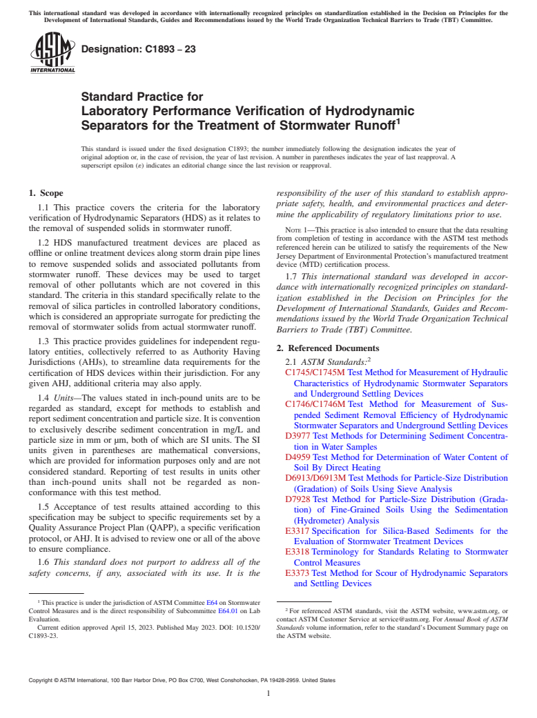 ASTM C1893-23 - Standard Practice for Laboratory Performance Verification of Hydrodynamic Separators  for the Treatment of Stormwater Runoff