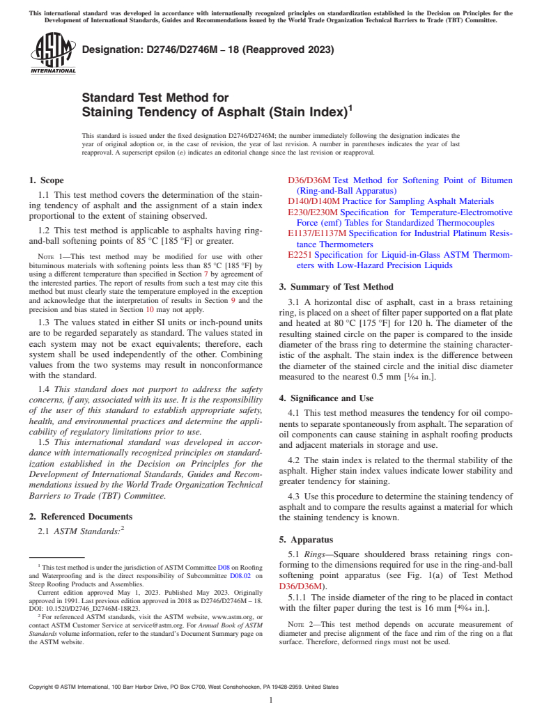 ASTM D2746/D2746M-18(2023) - Standard Test Method for  Staining Tendency of Asphalt (Stain Index)