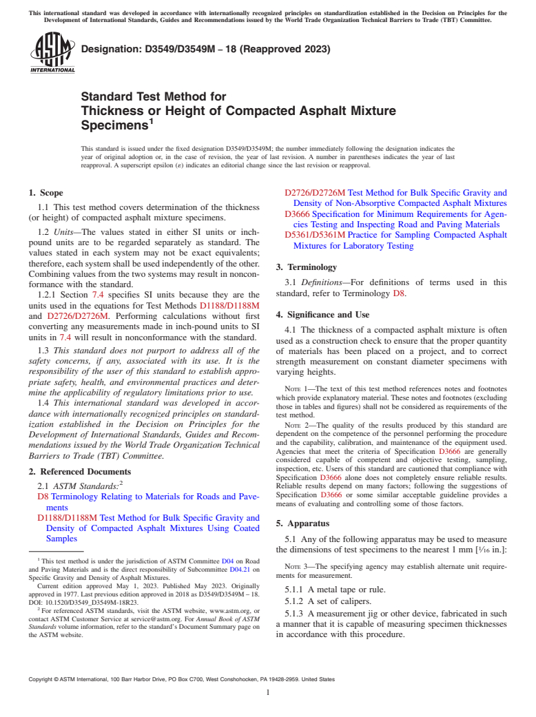 ASTM D3549/D3549M-18(2023) - Standard Test Method for  Thickness or Height of Compacted Asphalt Mixture Specimens