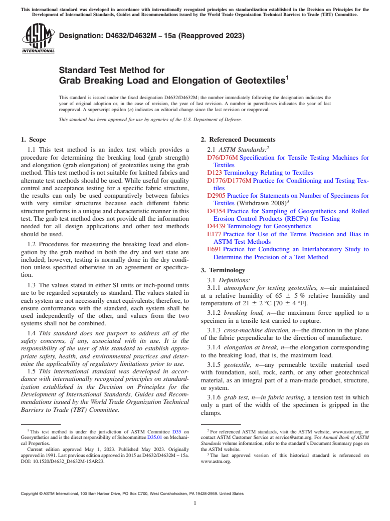 ASTM D4632/D4632M-15a(2023) - Standard Test Method for Grab Breaking Load and Elongation of Geotextiles