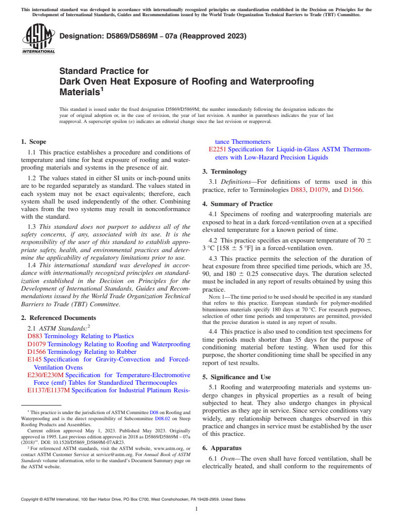 ASTM D5869/D5869M-07a(2023) - Standard Practice for  Dark Oven Heat Exposure of Roofing and Waterproofing Materials