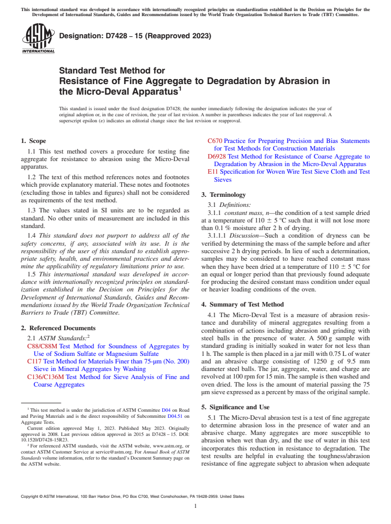 ASTM D7428-15(2023) - Standard Test Method for Resistance of Fine Aggregate to Degradation by Abrasion in  the Micro-Deval Apparatus