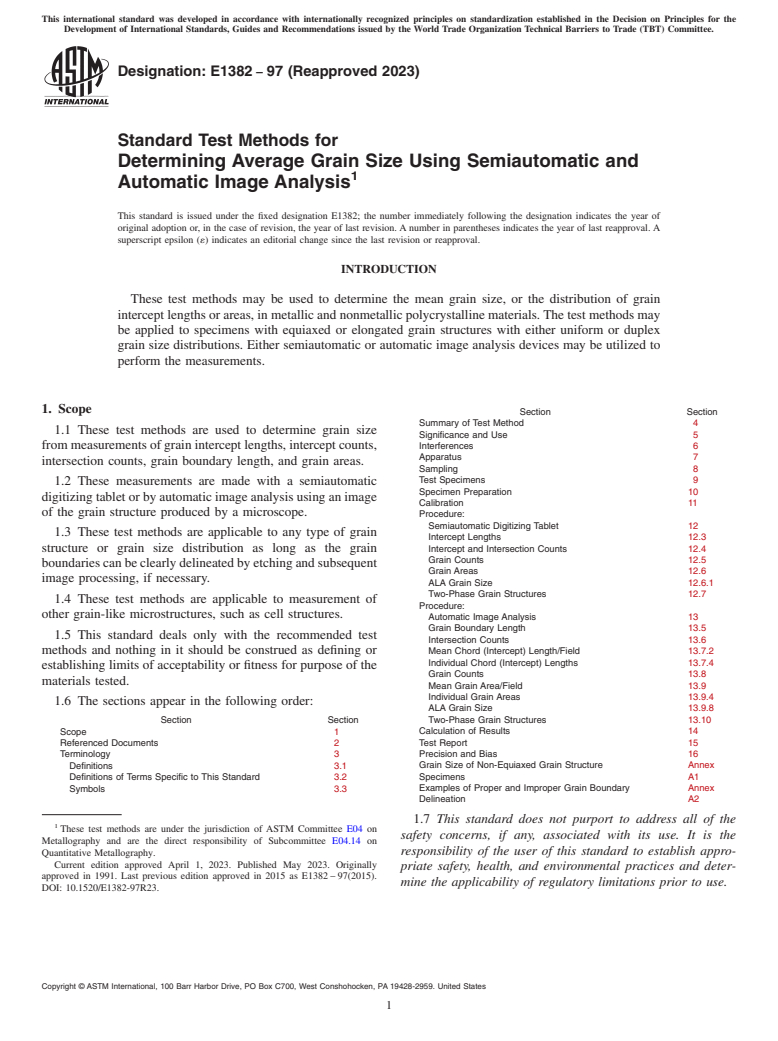 ASTM E1382-97(2023) - Standard Test Methods for  Determining Average Grain Size Using Semiautomatic and Automatic  Image Analysis