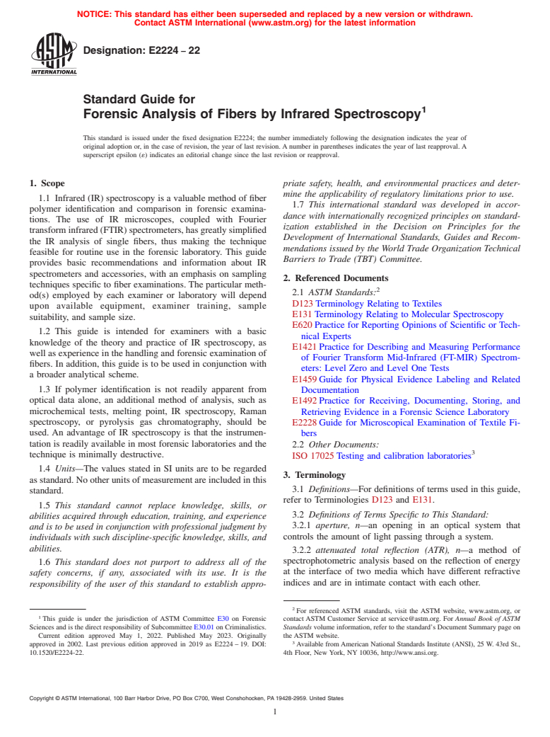 ASTM E2224-22 - Standard Guide for  Forensic Analysis of Fibers by Infrared Spectroscopy