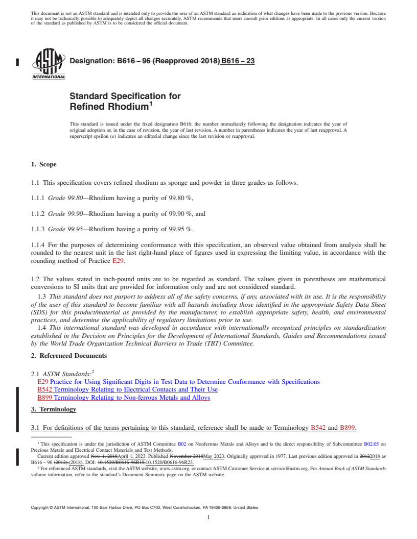 REDLINE ASTM B616-23 - Standard Specification for Refined Rhodium