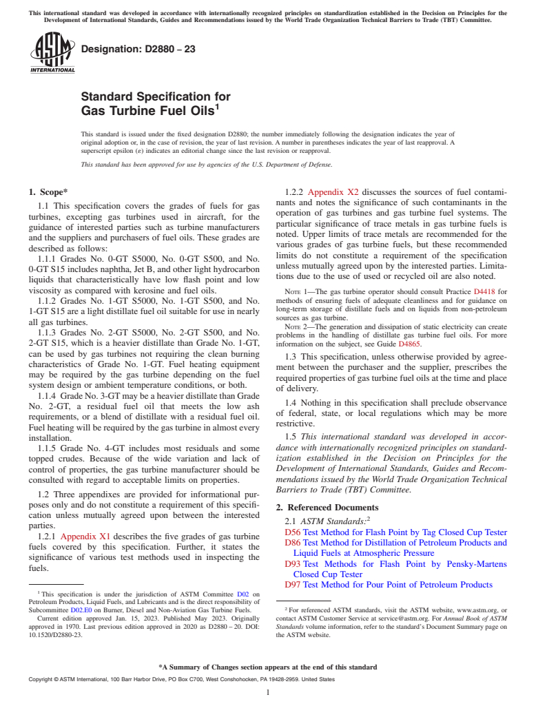 ASTM D2880-23 - Standard Specification for  Gas Turbine Fuel Oils