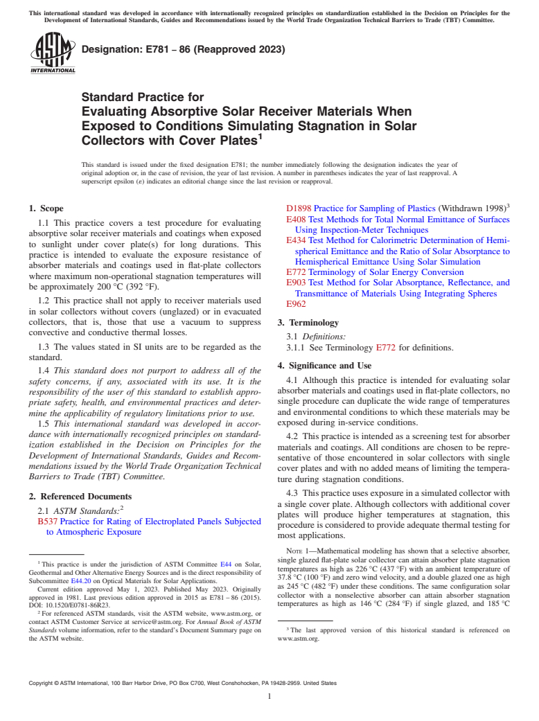 ASTM E781-86(2023) - Standard Practice for  Evaluating Absorptive Solar Receiver Materials When Exposed  to Conditions Simulating Stagnation in Solar Collectors with Cover  Plates