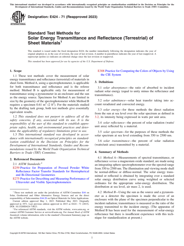 ASTM E424-71(2023) - Standard Test Methods for  Solar Energy Transmittance and Reflectance (Terrestrial) of  Sheet Materials