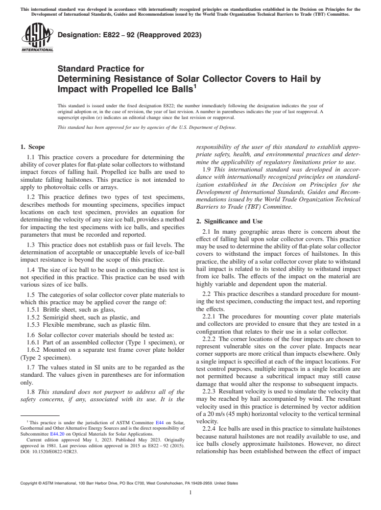 ASTM E822-92(2023) - Standard Practice for  Determining Resistance of Solar Collector Covers to Hail by  Impact with Propelled Ice Balls