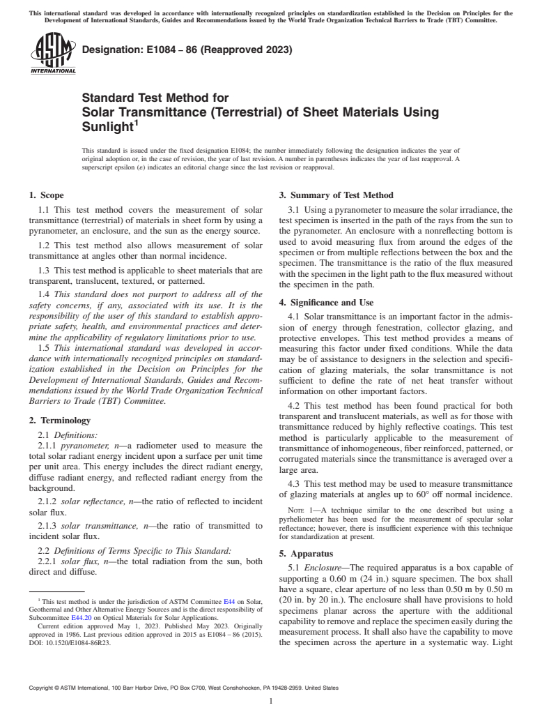 ASTM E1084-86(2023) - Standard Test Method for  Solar Transmittance (Terrestrial) of Sheet Materials Using  Sunlight