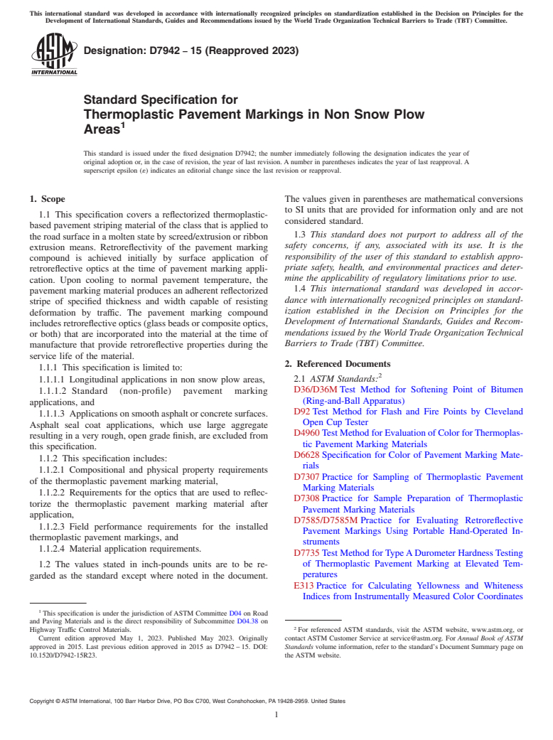 ASTM D7942-15(2023) - Standard Specification for Thermoplastic Pavement Markings in Non Snow Plow Areas