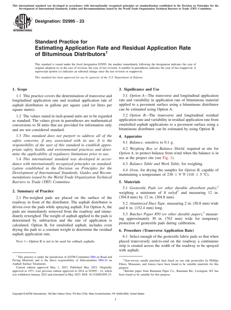 ASTM D2995-23 - Standard Practice for Estimating Application Rate and Residual Application Rate of  Bituminous Distributors