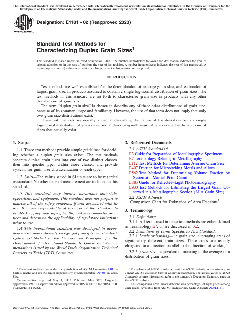 ASTM E1181-02(2023) - Standard Test Methods for  Characterizing Duplex Grain Sizes