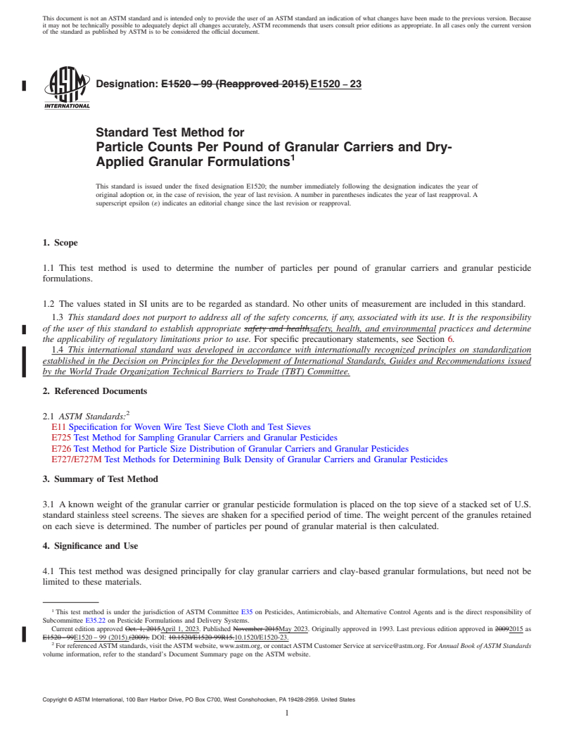 REDLINE ASTM E1520-23 - Standard Test Method for Particle Counts Per Pound of Granular Carriers and Dry-Applied  Granular Formulations