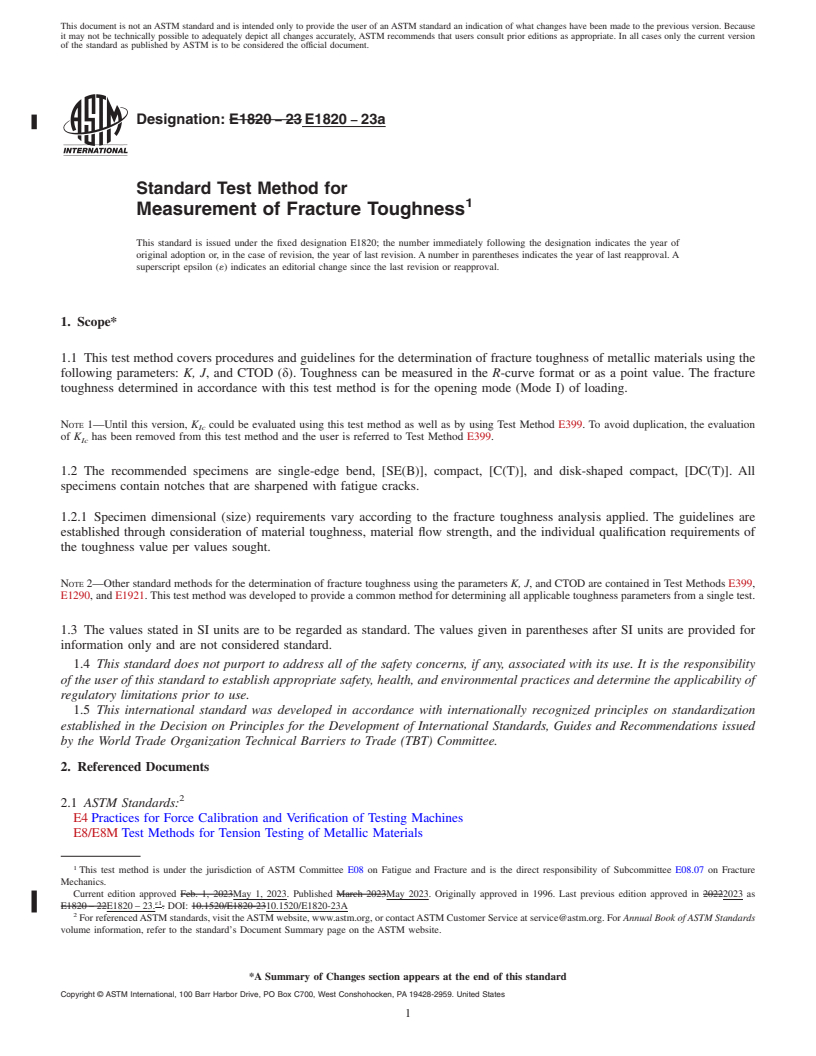 REDLINE ASTM E1820-23a - Standard Test Method for  Measurement of Fracture Toughness