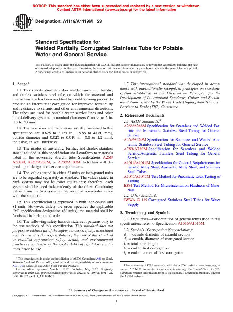 ASTM A1119/A1119M-23 - Standard Specification for Welded Partially Corrugated Stainless Tube for Potable Water  and General Service