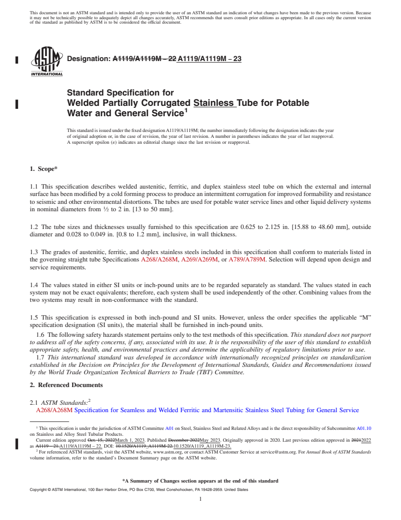 REDLINE ASTM A1119/A1119M-23 - Standard Specification for Welded Partially Corrugated Stainless Tube for Potable Water  and General Service