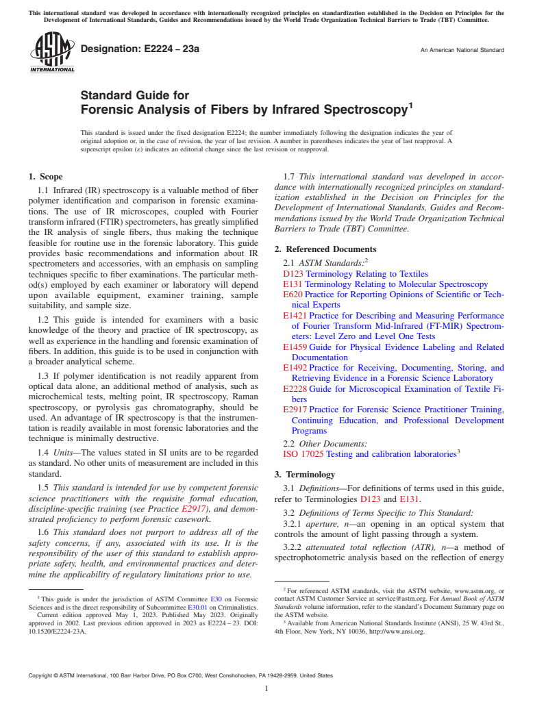 ASTM E2224-23a - Standard Guide for  Forensic Analysis of Fibers by Infrared Spectroscopy