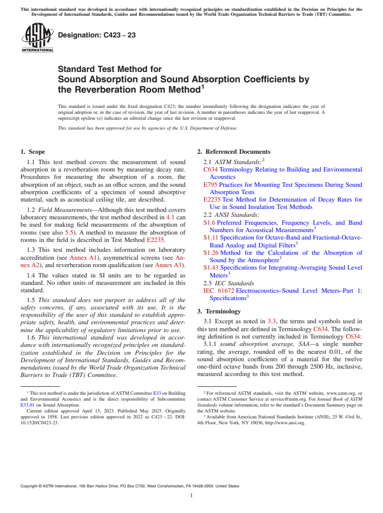 ASTM C423-23 - Standard Test Method for Sound Absorption and Sound Absorption Coefficients by the Reverberation  Room Method