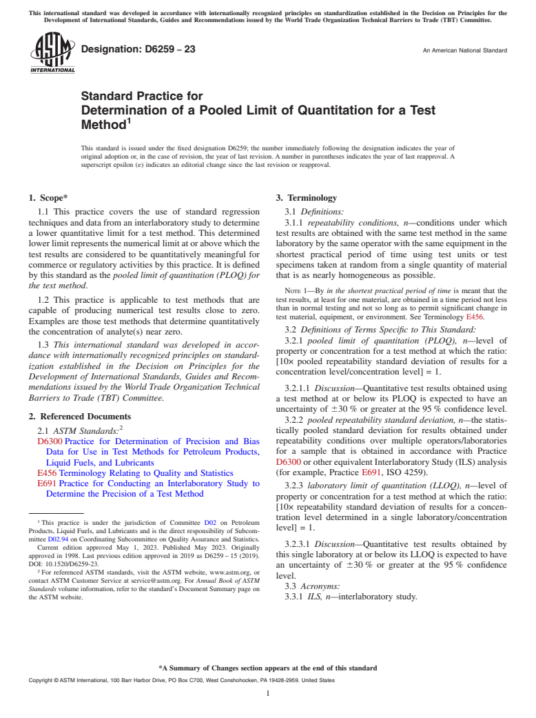 ASTM D6259-23 - Standard Practice for  Determination of a Pooled Limit of Quantitation for a Test  Method