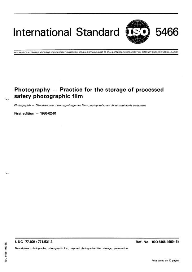 ISO 5466:1980 - Photography -- Practice for the storage of processed safety photographic film