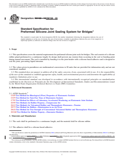 ASTM D8138-23 REDLINE ASTM D8138-23 - Standard Specification for Preformed Silicone Joint Sealing System for Bridges - Page 1 preview