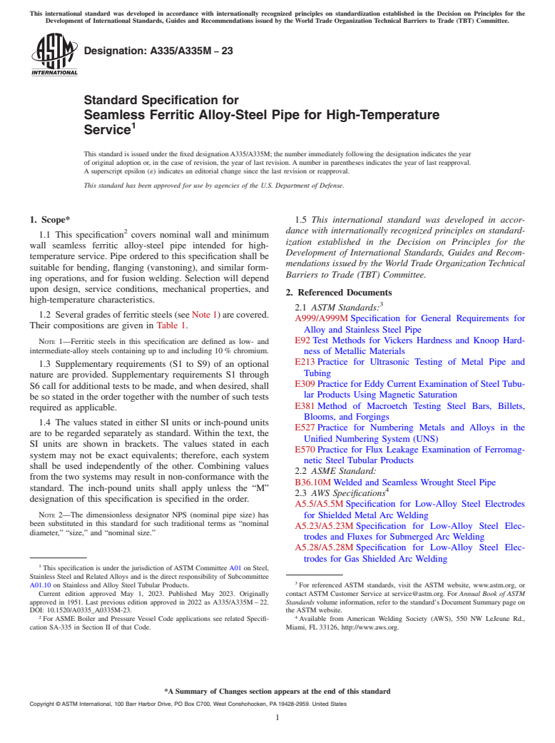 ASTM A335/A335M-23 - Standard Specification for  Seamless Ferritic Alloy-Steel Pipe for High-Temperature Service