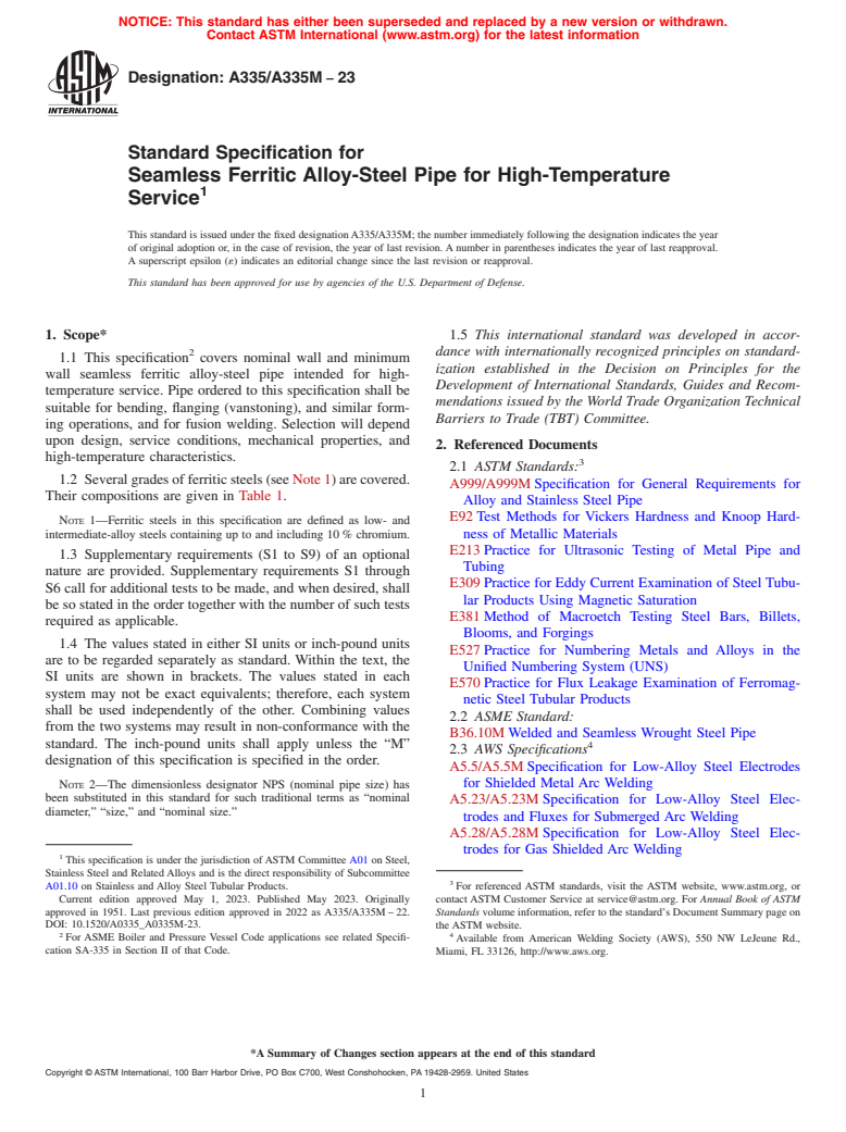 ASTM A335/A335M-23 - Standard Specification for  Seamless Ferritic Alloy-Steel Pipe for High-Temperature Service