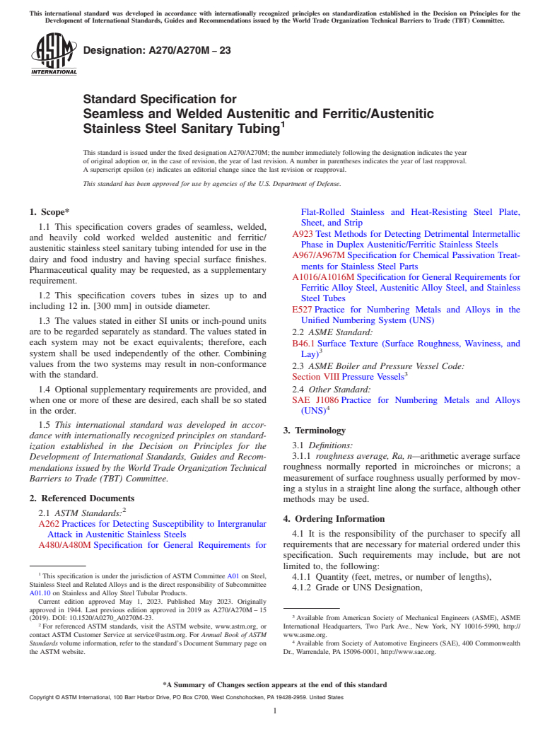 ASTM A270/A270M-23 - Standard Specification for  Seamless and Welded Austenitic and Ferritic/Austenitic Stainless  Steel Sanitary Tubing