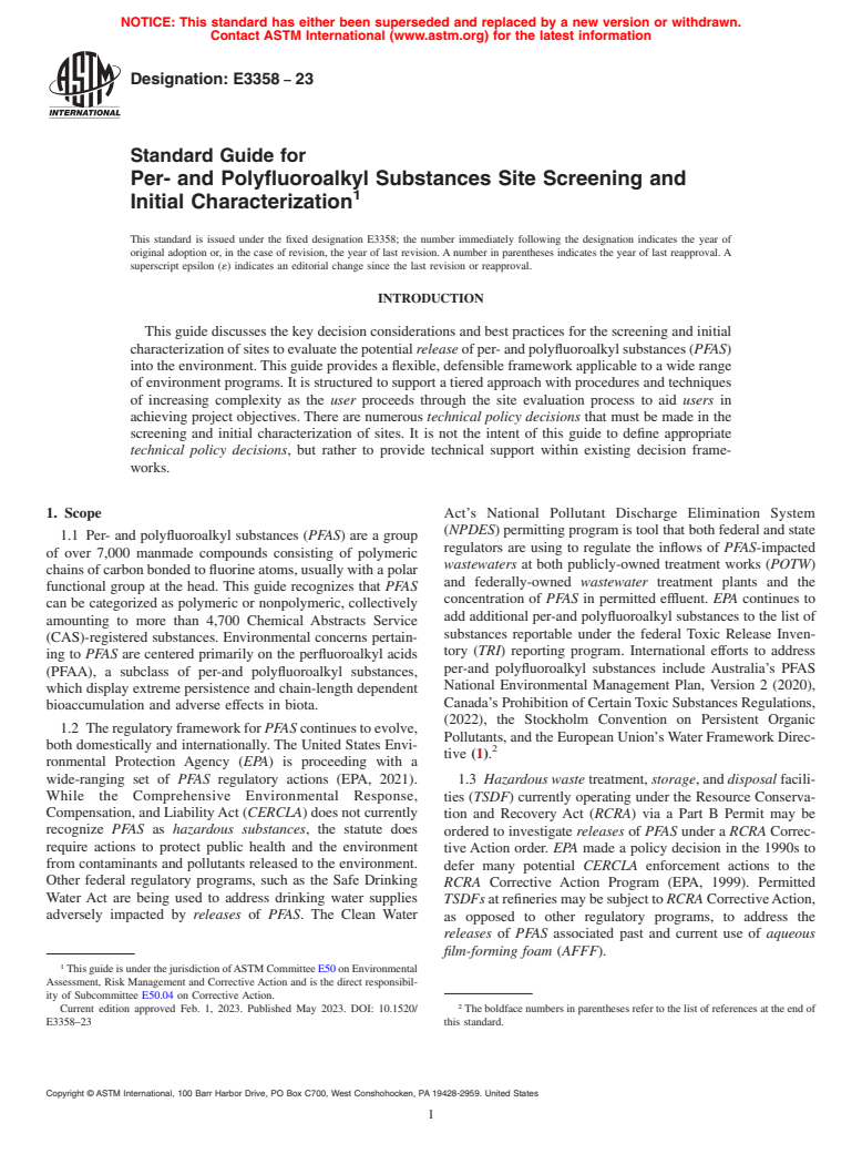 ASTM E3358-23 - Standard Guide for Per- and Polyfluoroalkyl Substances Site Screening and Initial  Characterization