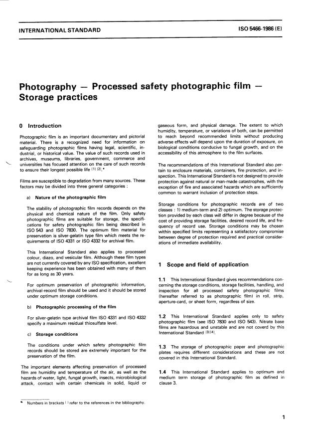ISO 5466:1986 - Photography -- Processed safety photographic film -- Storage practices
